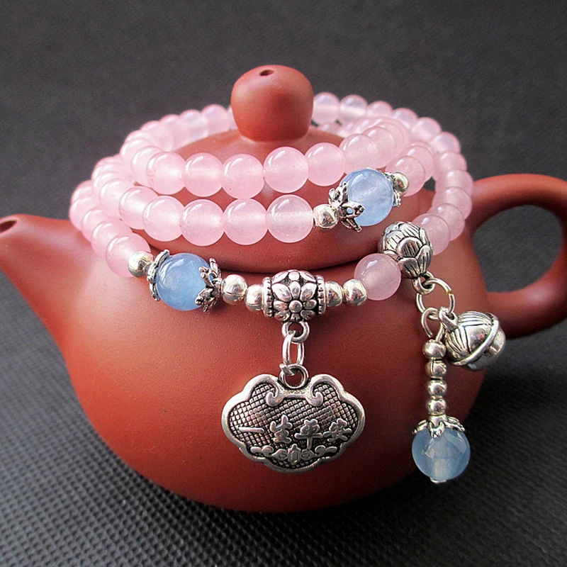 Оптовая продажа Розовый халцедон натуральный кристалл браслеты тибетское