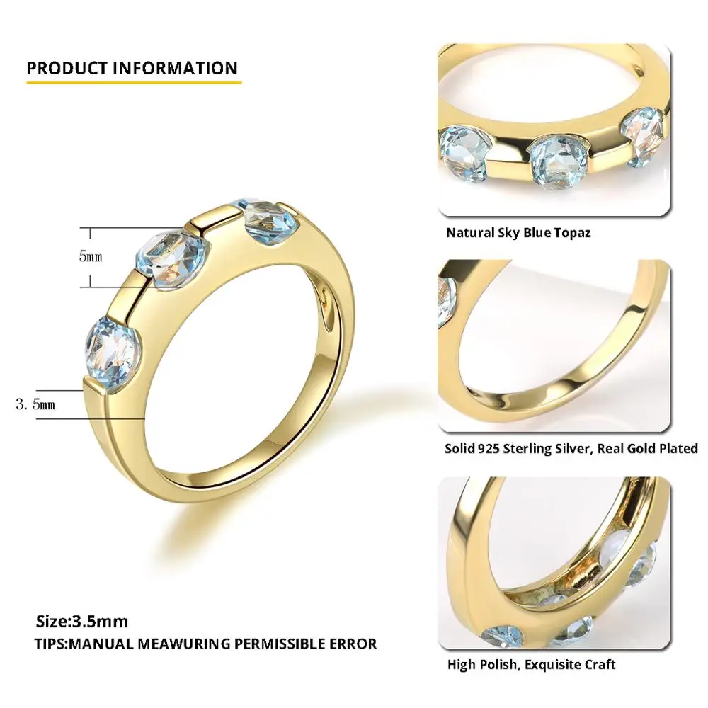 Hutang Engagement Women's Ring 1.77ct Natural Gemstone Blue Topaz Yellow Gold Solid 925 Sterling Silver Rings Fine Jewelry Gift