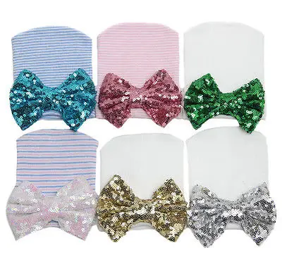 Hot Fashion Baby Hats 2017 Newborn Boy Girls Infant Stripe Sequined Bowknot Hat Beanie Knit Cotton Blend Cap | Детская одежда и