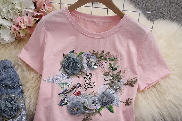 ALPHALMODA летние женские хлопковые футболки с коротким рукавом, рваные джинсы, тяжелая работа, 3D Цветочные хлопковые футболки, джинсовые штаны