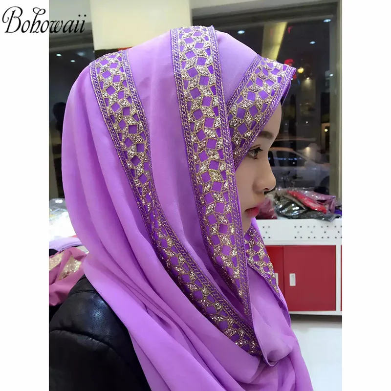 Женские мягкие удобные длинные Хиджабы BOHOWAII исламские шифоновые блестки