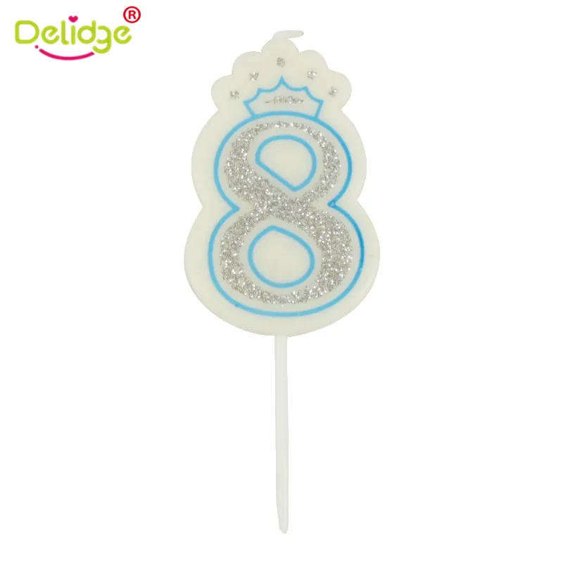 Блестящая Серебристая Синяя Свеча в форме короны Свадебные свечи с цифрами для