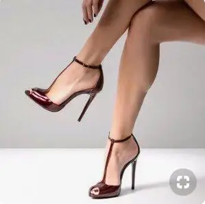 

Burgundy Peep Toe Heels Pumps Women Shoes T Strap Stiletto Heel Sandals T-bar Ankle Strap Patent Leather High Heel Pumps 12CM