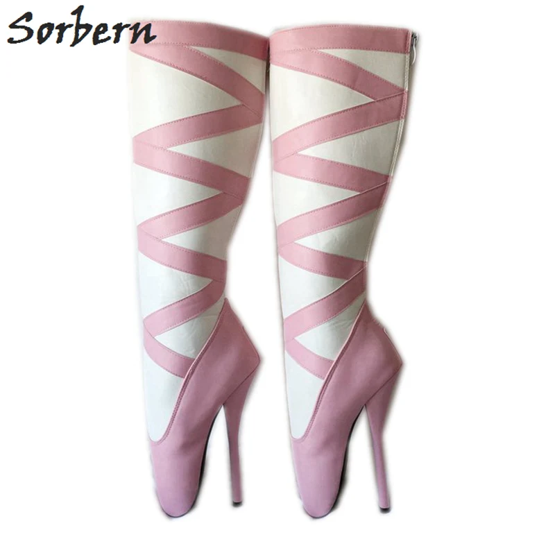 Pink and White Sorbern розовый и белый Сапоги До Колена Для Женщин 18 см балетные туфли на высоком каблуке Sm унисекс пинетки пользовательские широкий - Цвет: Pink and White
