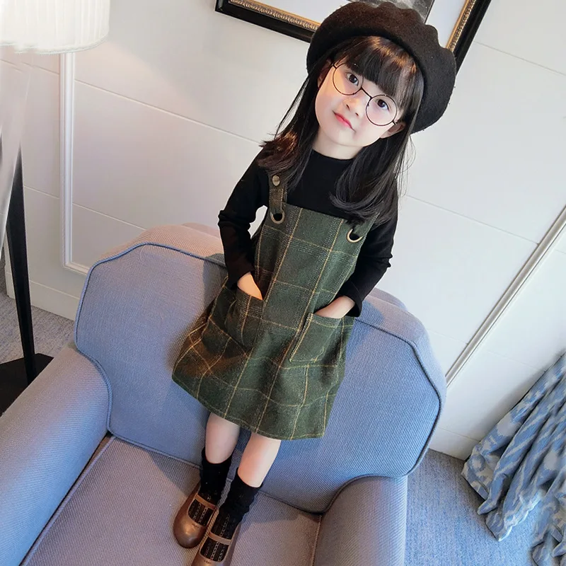 

Girls Dress Set Long Sleeve Shirt and Plaid Overall Dress Fashion Autumn Winter Outfits Set Children Clothing Suit Girls