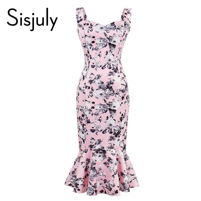 Sisjuly женщины лето bodycon платье печати розовый русалка цветочные 1950 х годов без