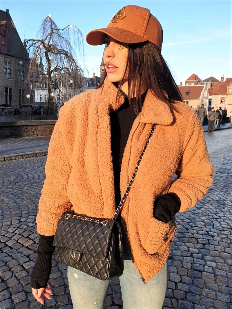 Dotfashion куртка с двойным карманом из искусственного меха цвета хаки Женская осенне-зимняя новая стильная куртка на молнии с воротником и длинным рукавом элегантное пальто из акрила