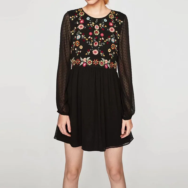 2017 Autumn Women Chic Black /White Floral Embroidered Vintage Mini Dress Ladies See-through Long Sleeve Chiffon Dresses | Женская