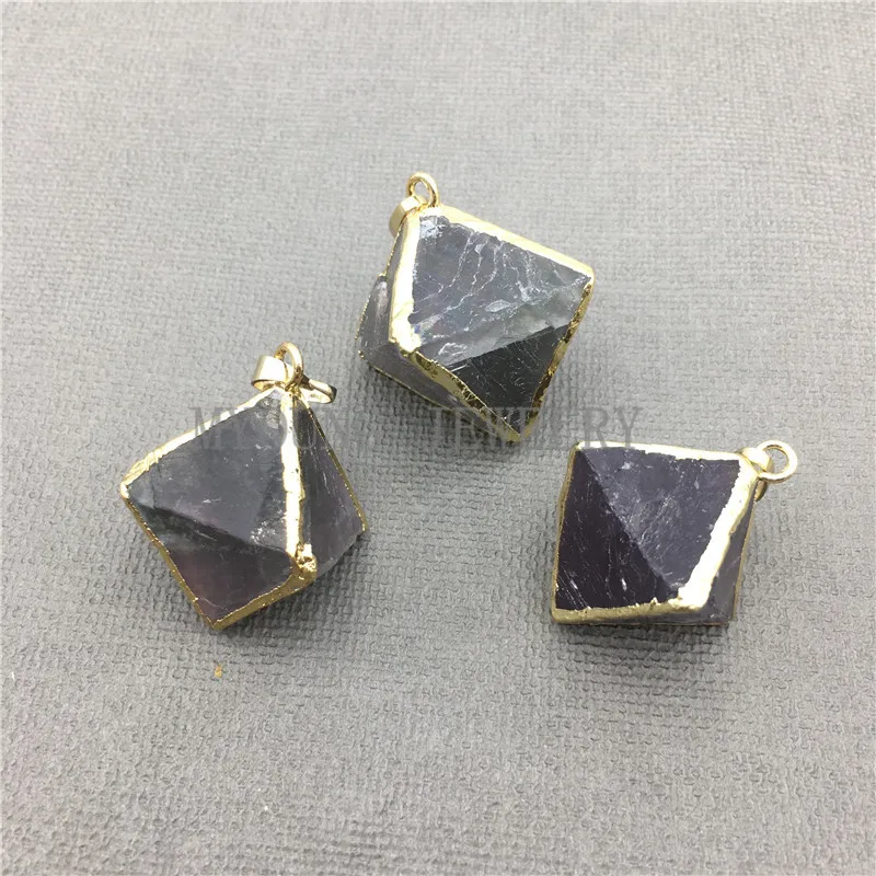 MY0624 матовый коричневый необработанный флюорит Octahedron Nugget подвеска с золотым