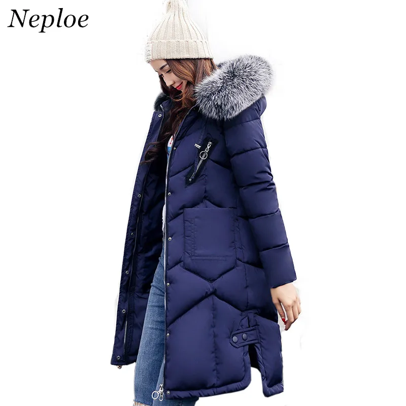 Neploe 2019 Winter New Hooded Thick Slim Down Cotton Jacket Women Big Fur Collar Warm Long Parkas Zipper Pocket Coat 66335 | Женская