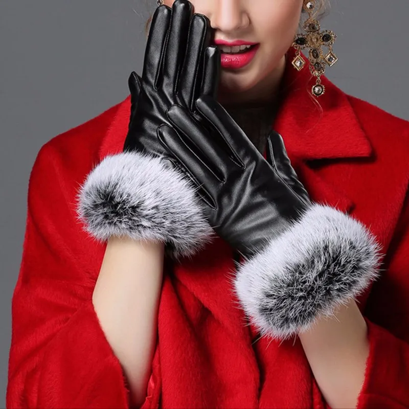 

New Women Touch Screen Black Leather Gloves Winter Autumn Warm Rabbit Fur Mittens Black