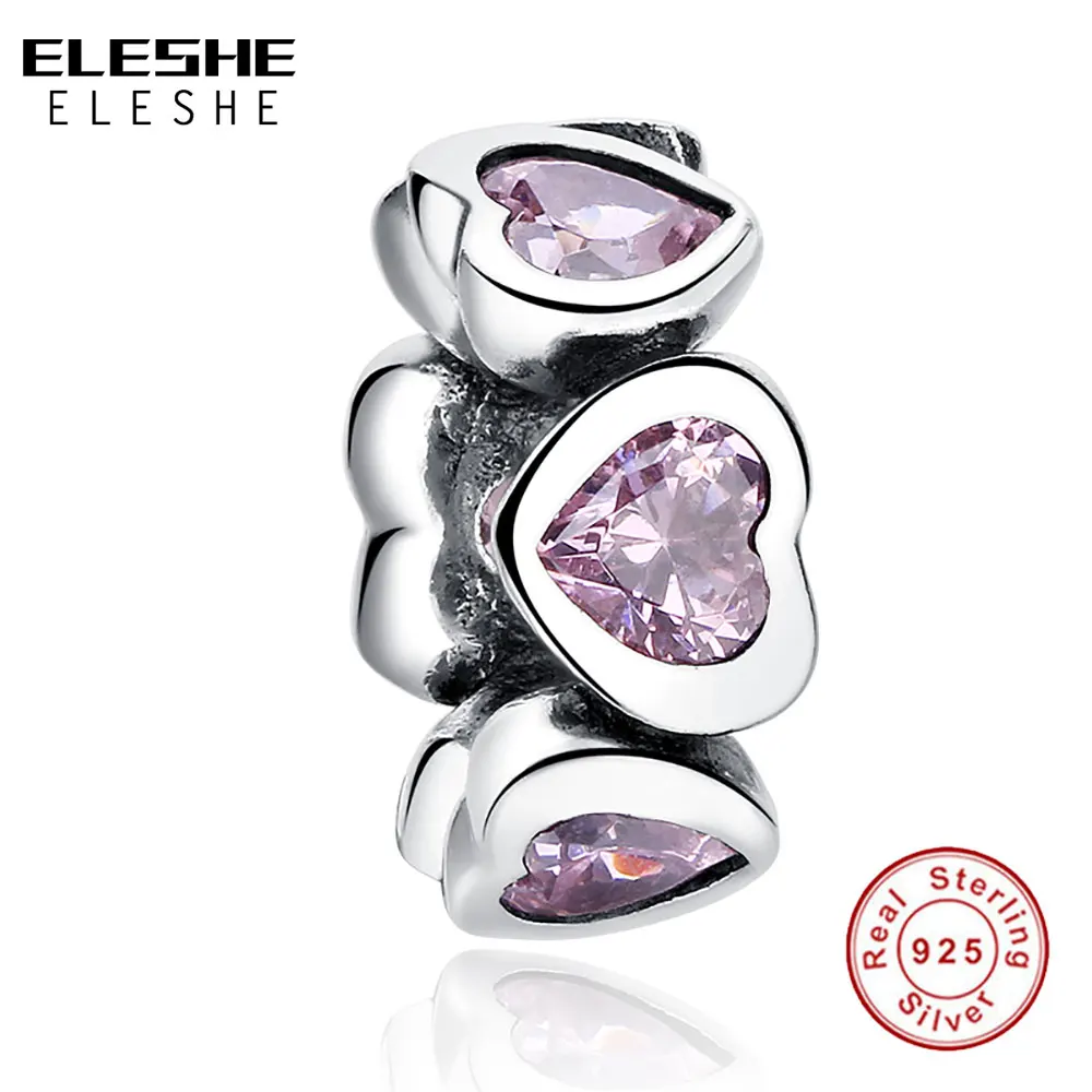 ELESHE, настоящее 925 пробы, серебряный, необычный, розовый, сверкающий, сердце, разделитель, шарм, подходит, талисманы, браслет для женщин, хорошее ювелирное изделие
