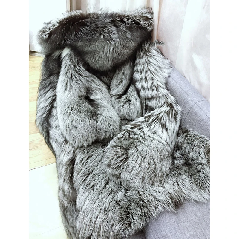 Меховой Sarcar супер Роскошная Шуба из натурального Лисьего меха женская куртка из натурального меха серебристой лисы Новая мода 120 см длинная верхняя одежда из натурального Лисьего меха