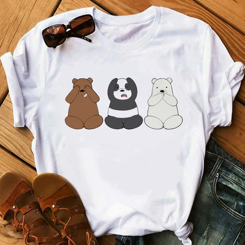 Kawaii футболка с рисунком голых медведей белая футболка для девочек Женский счастливый топ с коротким рукавом повседневные модные футболки