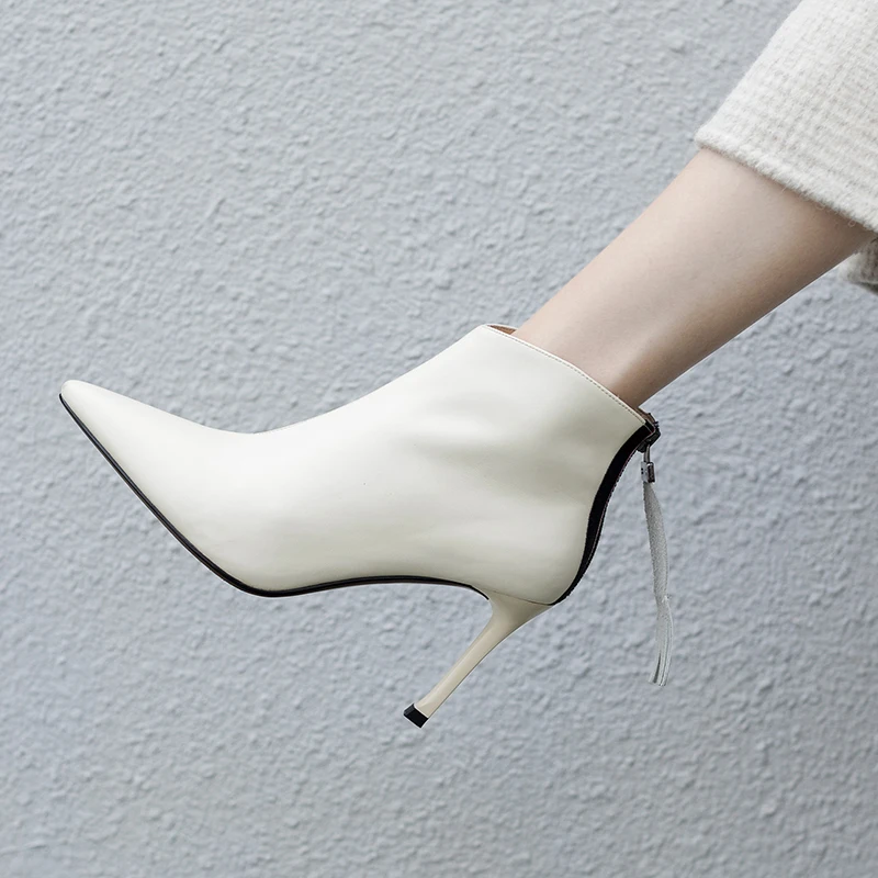 Women Genuine Leather Ankle Boots zipper fringe Sexy Pointed Toe Party Wedding Shoes Woman Ladies Basic Boots Pumps