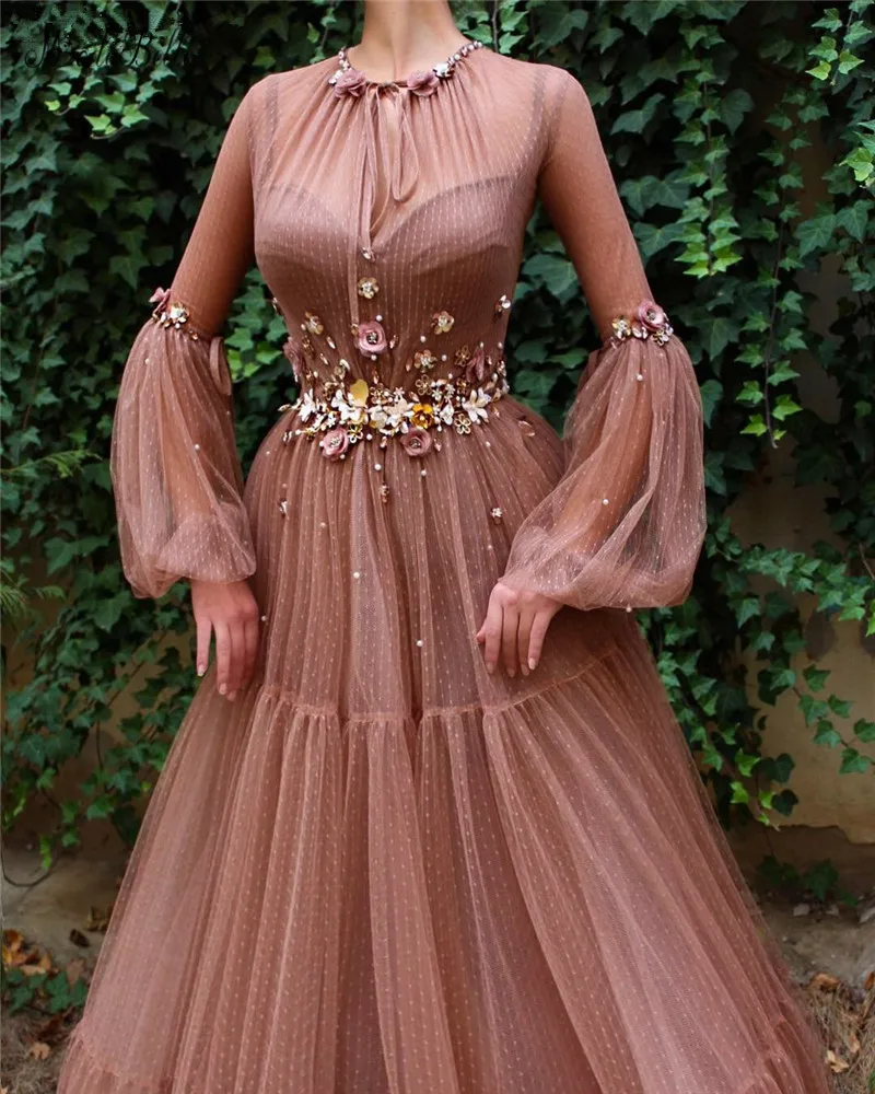 modabelle 2019 Arabic Pink Evening Dress Abiti Da Sera Lunghi 3D Flowers Tulle Long Sleeve Robe Soiree Dubai | Свадьбы и торжества
