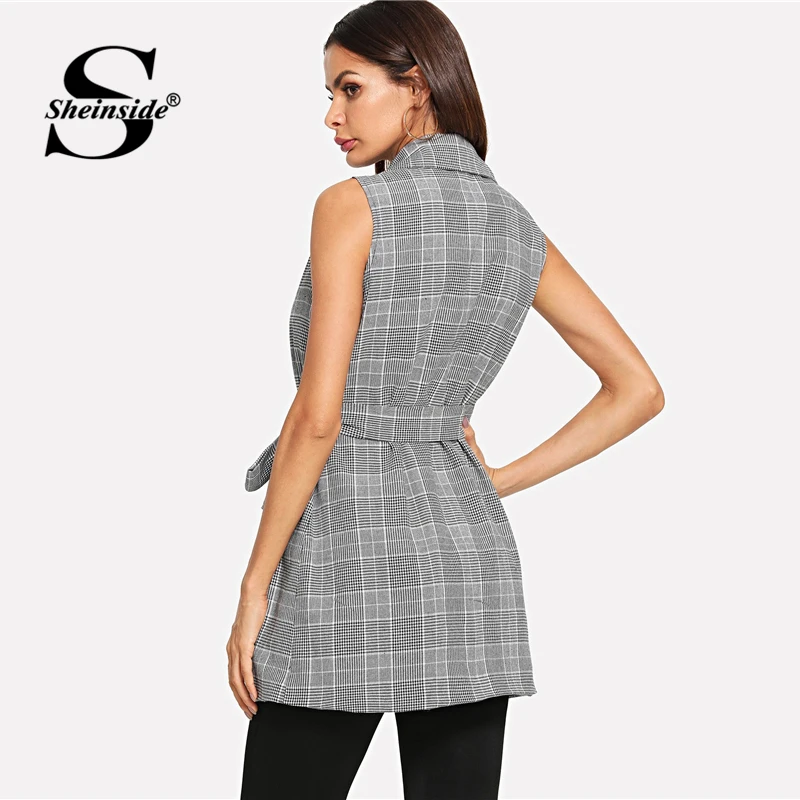 Sheinside, серые осенние женские блейзеры и куртки, зубчатая верхняя одежда, Женское пальто,, двойная пуговица, с поясом, клетчатый жилет, блейзер