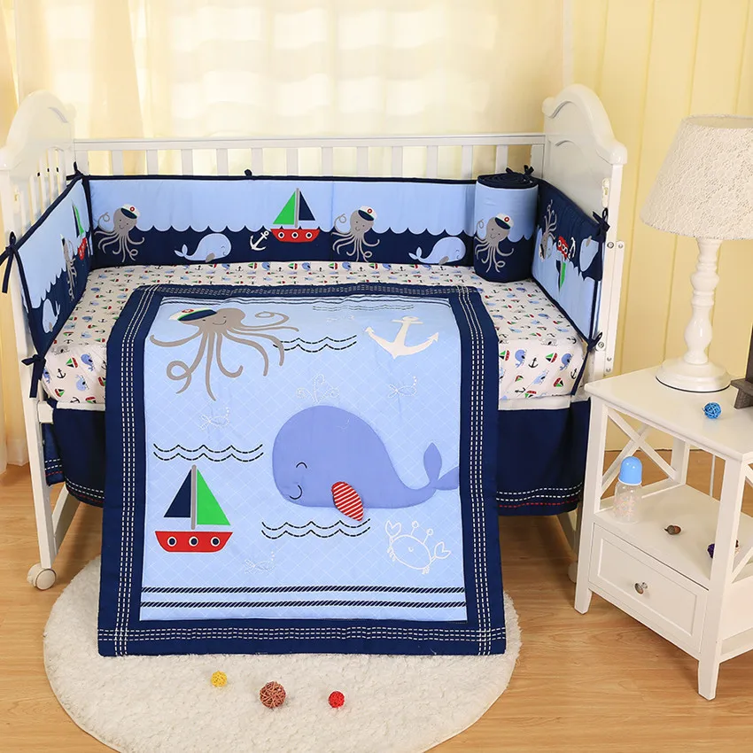 7PCS Ocean animal baby bedding set baby cot crib bedding set cartoon world owl baby crib set (4bumper+bed cover+bed skirt+duvet)