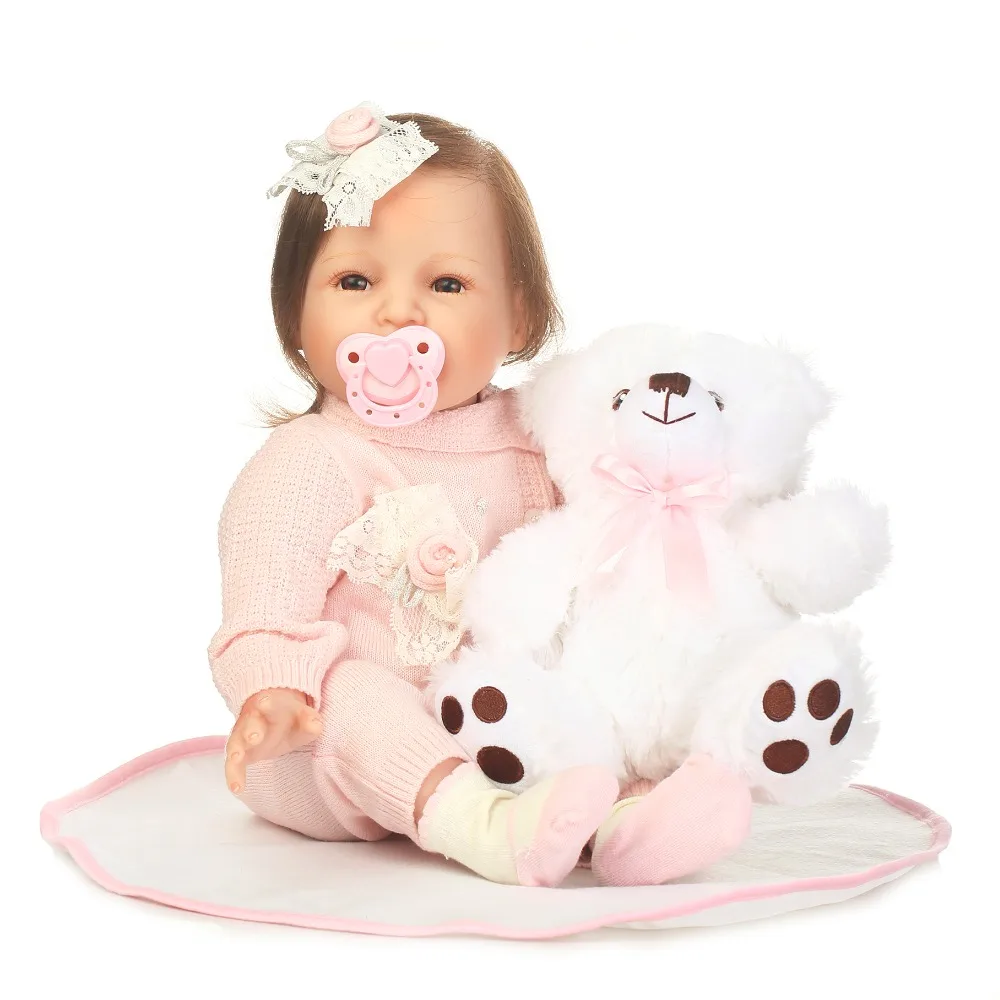 

55cm fashion Victoria adora Lifelike newborn Baby with bear plush doll gift Bonecas Bebe kid toy cute girl silicone reborn baby