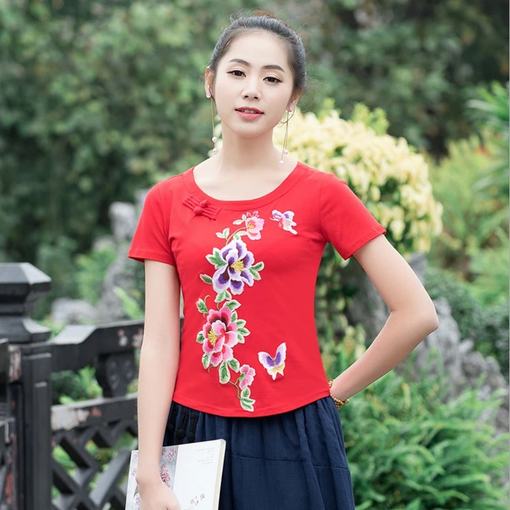 2018 National Wind Summer Embroidered Short Sleeve T-Shirt | Женская одежда