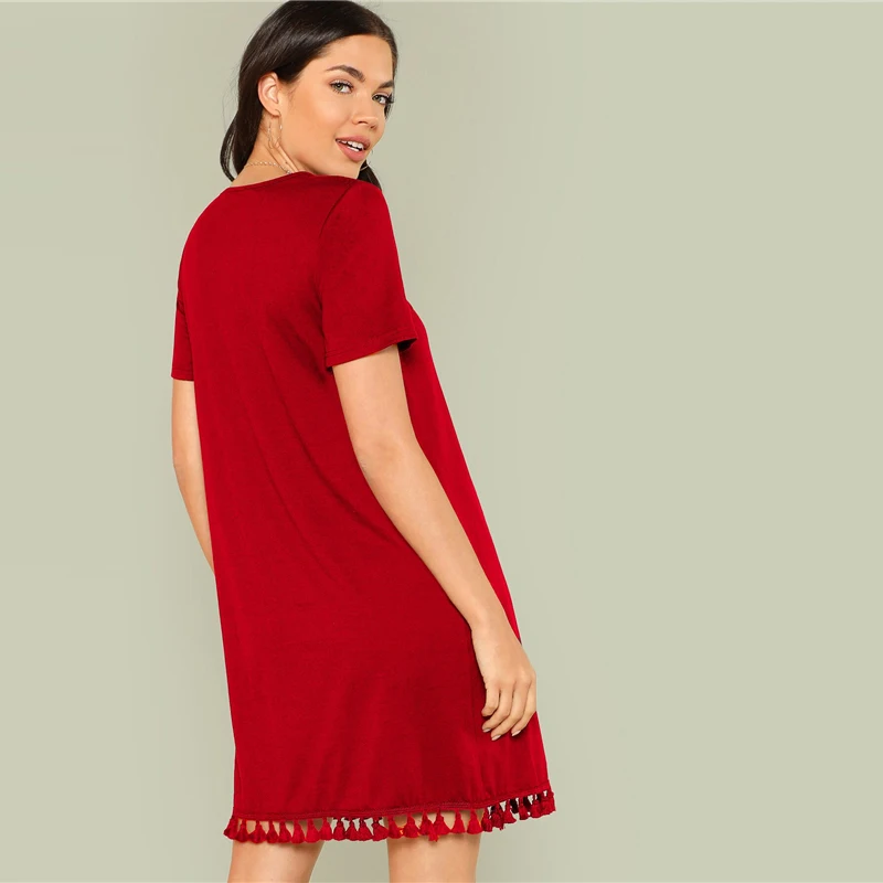 SHEIN женское летнее платье с бахромой и боковыми карманами,, цельное платье-туника с коротким рукавом