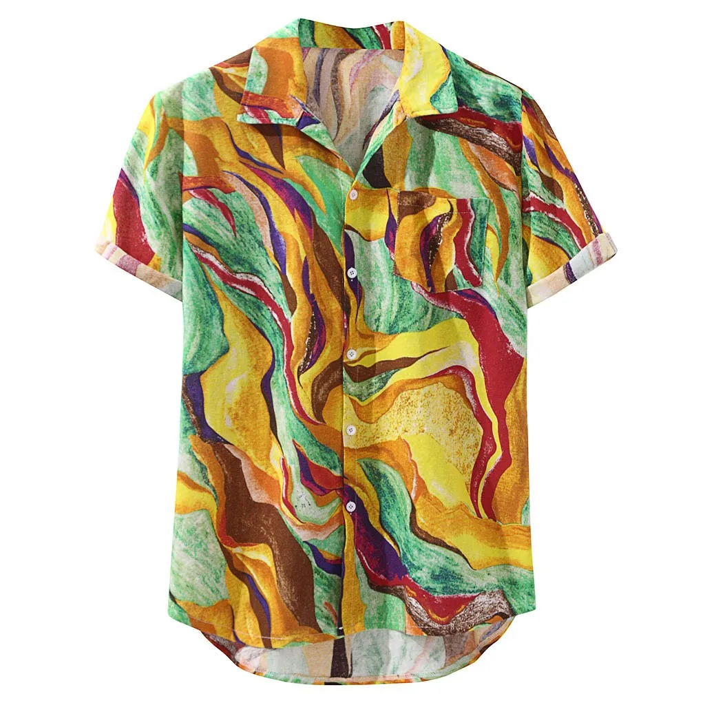 Yellow Womail Mens Hawaiian Pocket Short Sleeve Loose Shirts Print Linen Blouse Hawaiian Shirts Cotton Fashion Men Beach Hawaiian Shirt - Цвет: Yellow