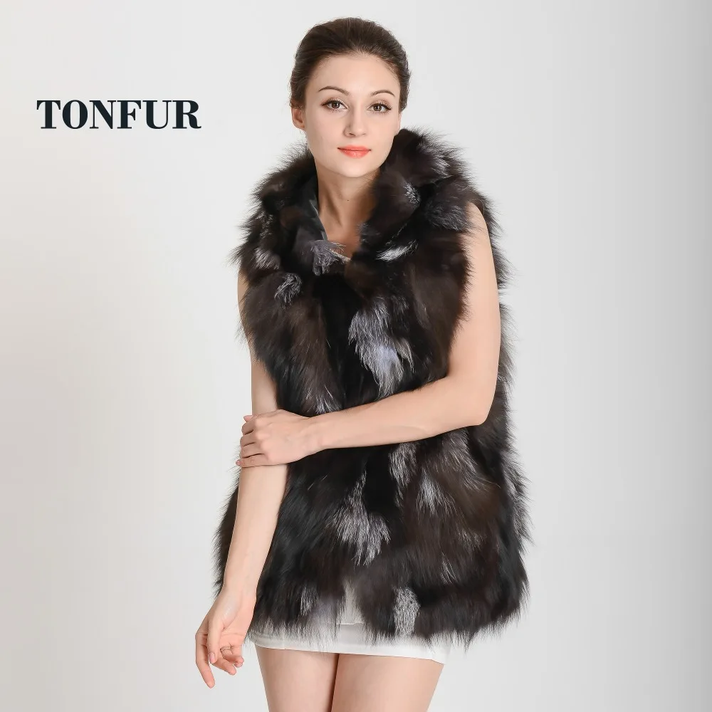 Новое поступление 2019 женский жилет из натурального Лисьего меха с капюшоном