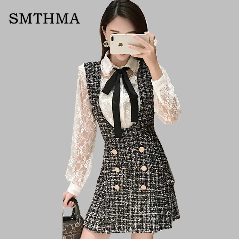 Photo Color Женский комплект из 2 предметов с платьем SMTHMA, комплект: белый кружевной топ и блузка с бантом и двубортное клетчатое твидовое платье-жилетка, весна - Цвет: Photo Color
