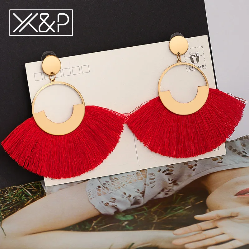 Модные богемные большие серьги кисточки X & P эффектные золотые ручной работы