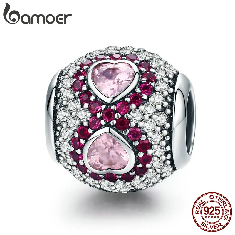 BAMOER, настоящее 925 пробы, Серебряное сердце, прозрачный CZ& розовый кристалл, шарм, подходит для женщин, браслет, ювелирное изделие, подарок на день Святого Валентина SCC582
