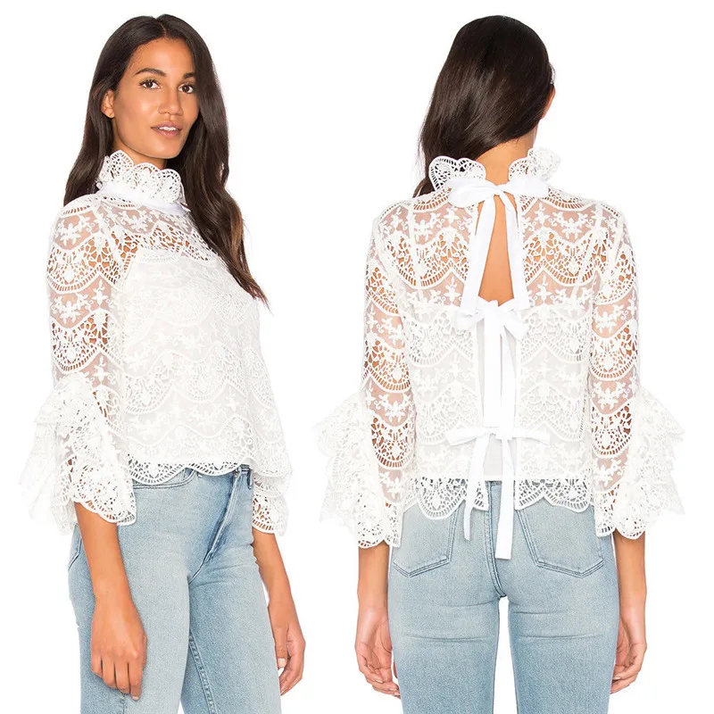 2019 New Style Fashion Summer Flare Sleeve Lace Floral Hollow Out Tops Sexy O-neck White Blouses Ladies Casual Shirts |