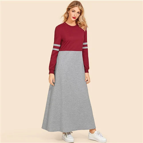 Многоцветный Dotfashion, двухцветное платье, женское, повседневное, весна-осень, длинный рукав, Круглый ворот, одежда для девушек, многоцветное, макси платье - Цвет: Многоцветный