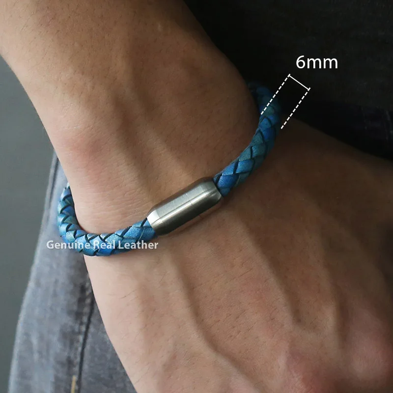 6mm Blue DLB79 8 дюймов мужской коричневый черный кожаный браслет из нержавеющей стали браслеты с магнитной застежкой мужские модные ювелирные изделия Прямая поставка LBM118B - Окраска металла: 6mm Blue DLB79