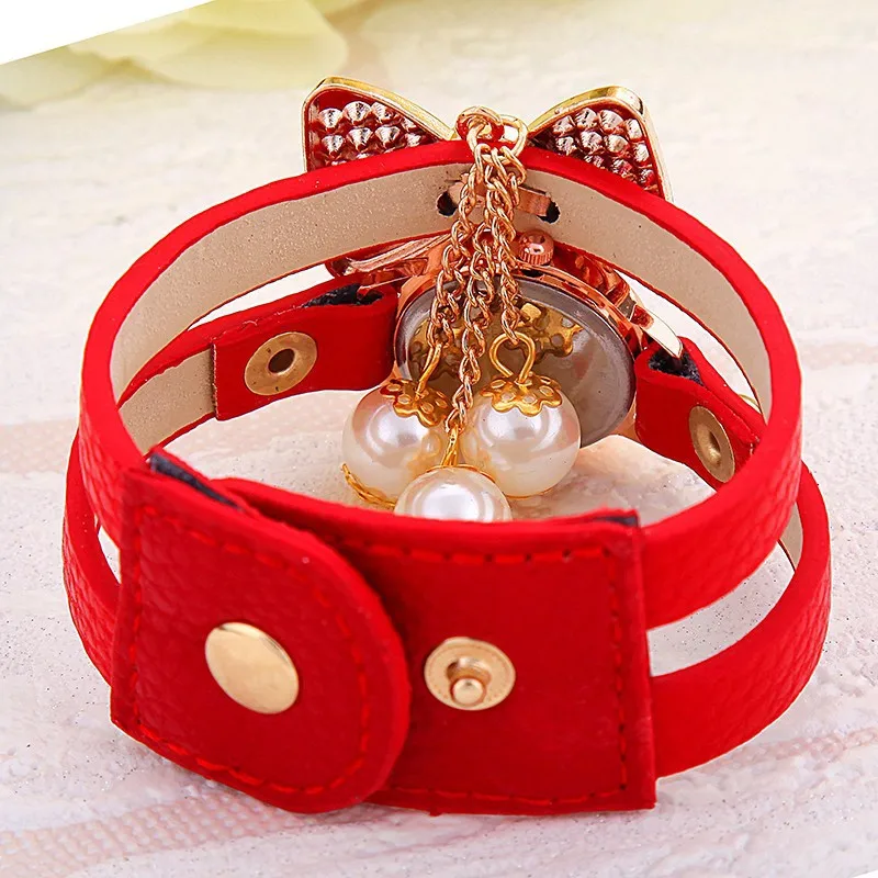 Часы наручные женские с бантом модные кожаным ремешком чёрные розовые