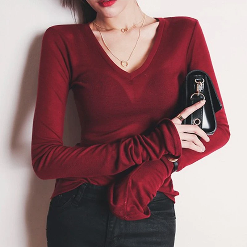 

2021 Sexy Thin T-shirt See Through Tops Slim High Quality Plain T Shirt Women Cotton Elastic Basic Female Casual V-Neck Tops