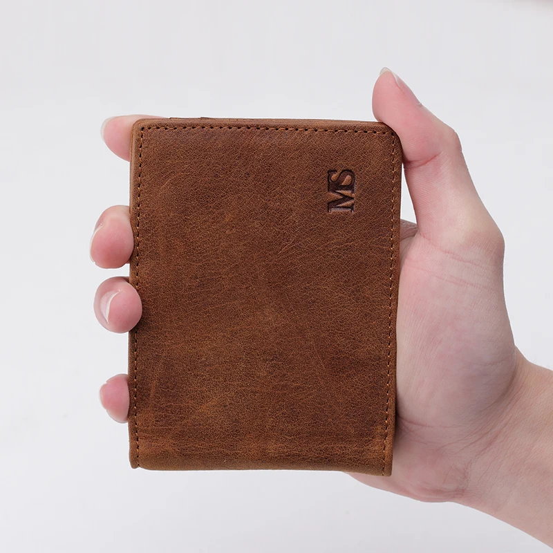 

MS Free Shipping Crazy Horse Genuine Leather Fashion Mens Money Clip Slim Bifold Wallets Brown ID Credit Card Wallet Brwon K310