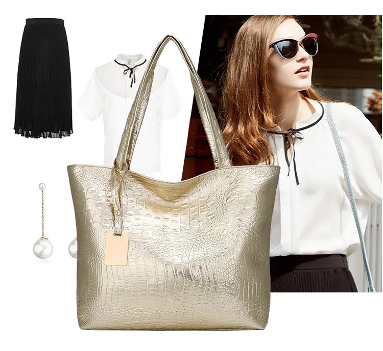 Brand Fashion Casual Women Shoulder Bags Silver Gold Black Crocodile Handbag PU Leather Female Tote Bag Ladies Hand Bag KL585