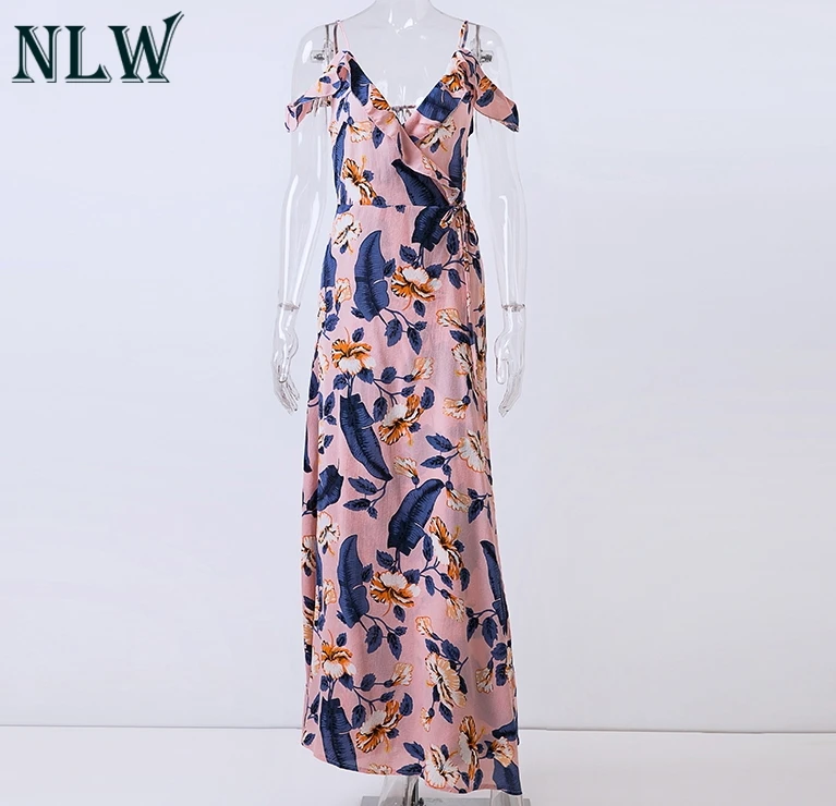 NLW Boho Платье макси с цветочным принтом летнее шифоновое длинное платье открытыми