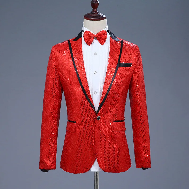 

Mens Red Sequin Blazer Jacket 2021 Brand New Nightclub DJ Prom Suit Blazer with Tie Men Wedding Dance Stage Singer Costume Homme
