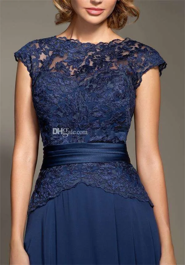 

2014 Dark Blue Lace Chiffon Mother Of The Bride Dresses Cap Sleeves Floor-Length 2015 Exquisite Design Mommy Gowns Dress SZ12