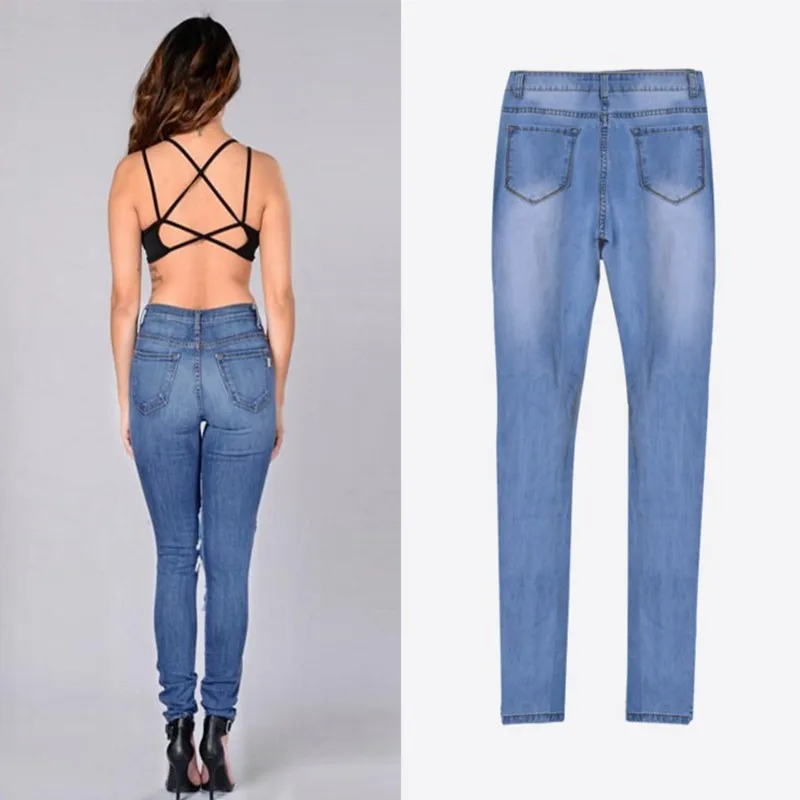 

Trendy High waist Stretchy Skinny Jeans Sexy Vintage Ripped Hole Jeans Women Casual Denim Pencil Pants Trousers