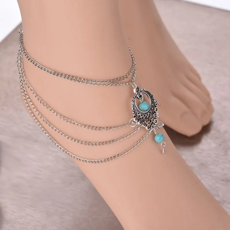 Старинный зеленый камень ножной браслет браслеты для женщин Мода кисточкой