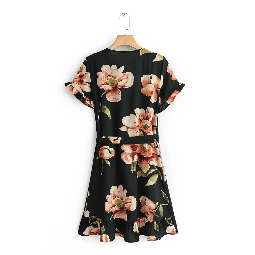 цветочным принтом и v образным вырезом плиссированное Повседневное платье с