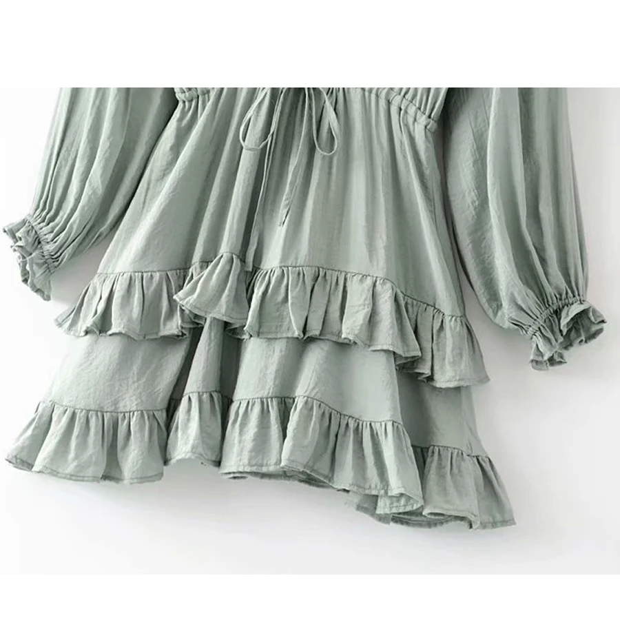 TEELYNN мини платье зеленое вискозное одноцветное с оборками и круглым вырезом