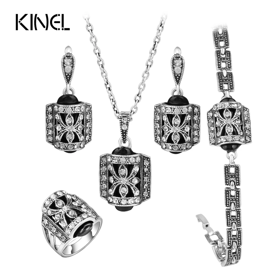 Kinel Design 4pcs/Lot Turkish Fashion Jewelry Sets For Women Antique Silver Color Crystal Ring Vintage Jewelry Sets