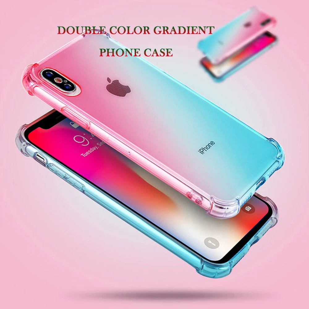 Shockproof Soft TPU Phone Case Transparent Gradient Cute Mobile Cover for iPhone 7 6 S 8 Plus XS Max with Film |