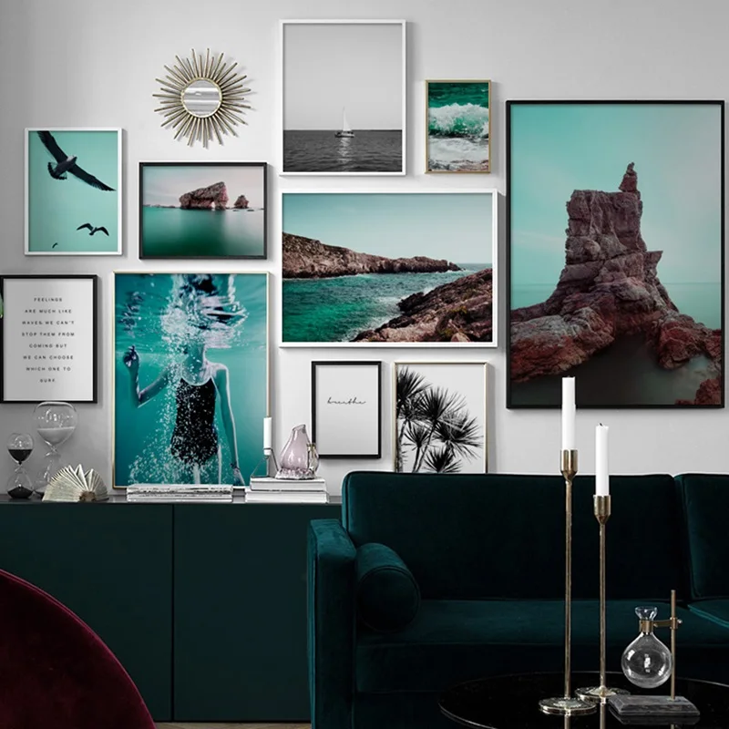 

Nordic Posters and Prints Mountain Bird Sea Coconut Tree Landscape Canvas Painting Wall Pictures for Living Room Home Decoration