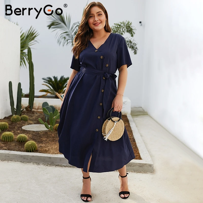 BerryGo плюс размер платья женское платье Элегантное с коротким рукавом кнопка