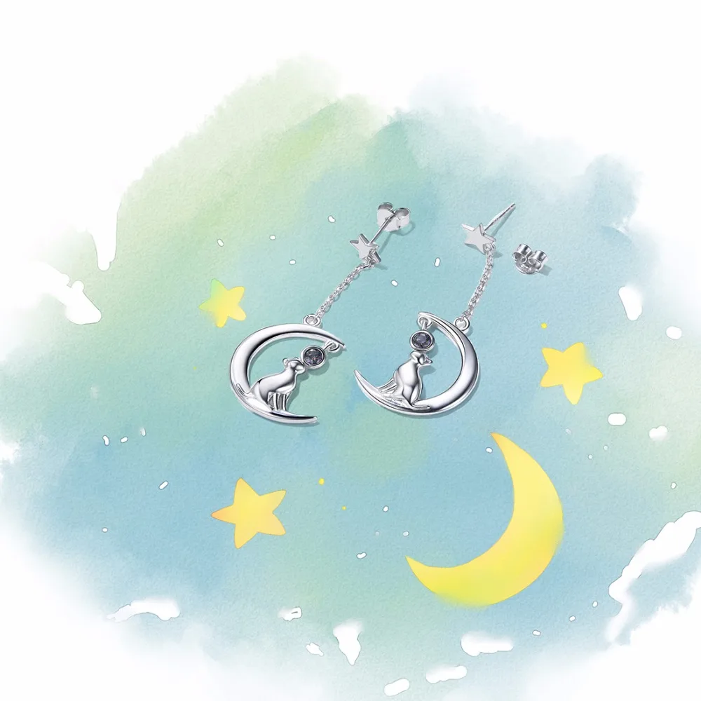 SILVERCUTE Звезда Луна кошка Висячие серьги для женщин девочек ювелирные украшения