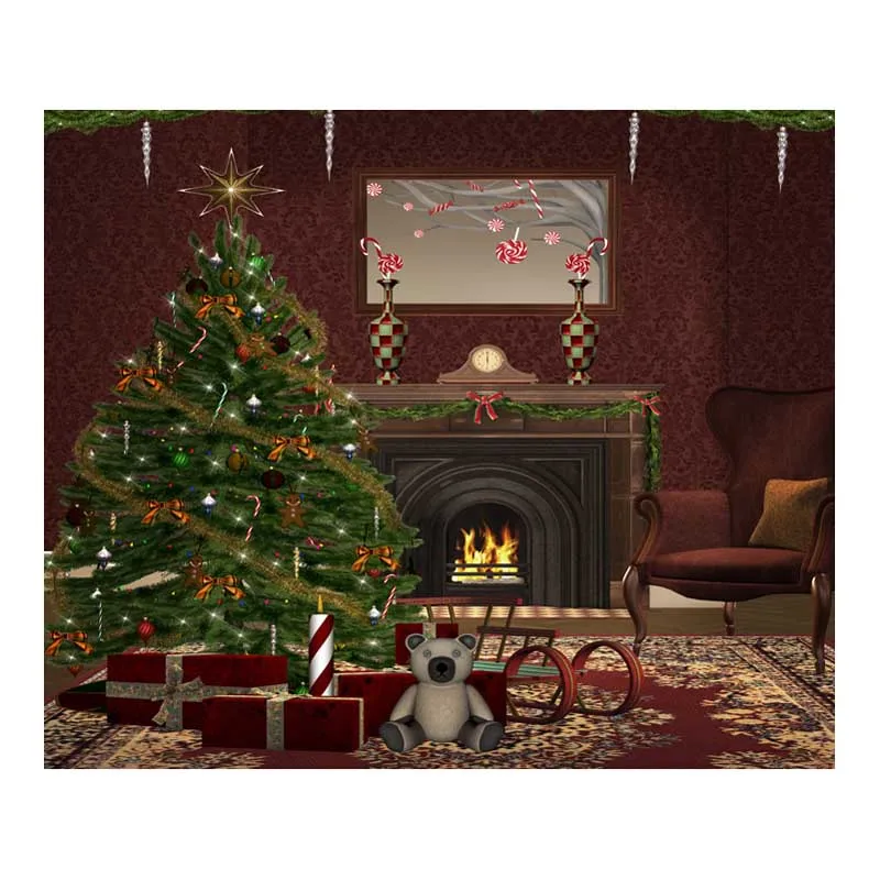 Рождественский фон для детской фотосъемки Рождественская елка Медведь кукла